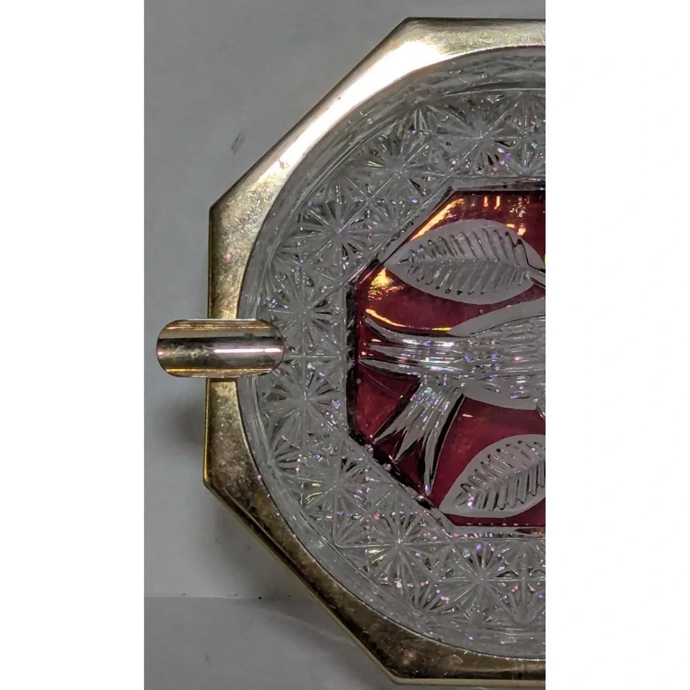 Vintage Hofbauer Byrdes Ruby Red Clear Cut Crystal and Brass Octagon Ashtray